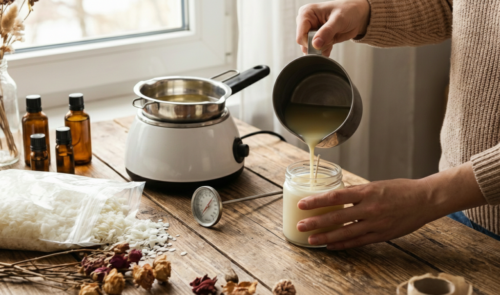 persoon die zelf kaarsen aan het maken is met kaarsenwas